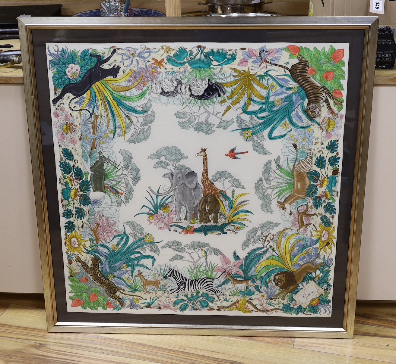 A framed Gucci ‘Jungle’ silk scarf, 84 x 82.5cm
